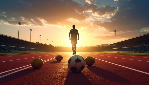 Athlete walking on track towards sunset, soccer balls on track