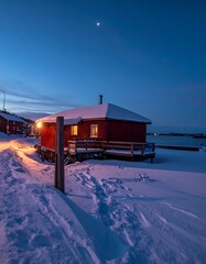 Naklejka premium Winter Cabin Under a Twilight Sky in the Arctic.