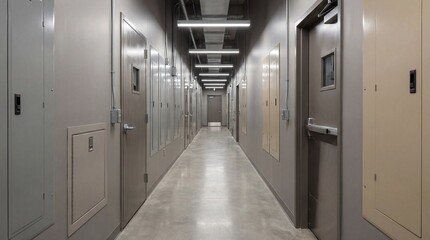 Naklejka premium Industrial Corridor with Utility Doors and Overhead Lighting