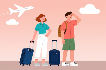Fototapeta premium Cartoon-style illustration of a man and woman standing with suitcases, looking up at an airplane flying away, with a peach-colored background and white clouds.