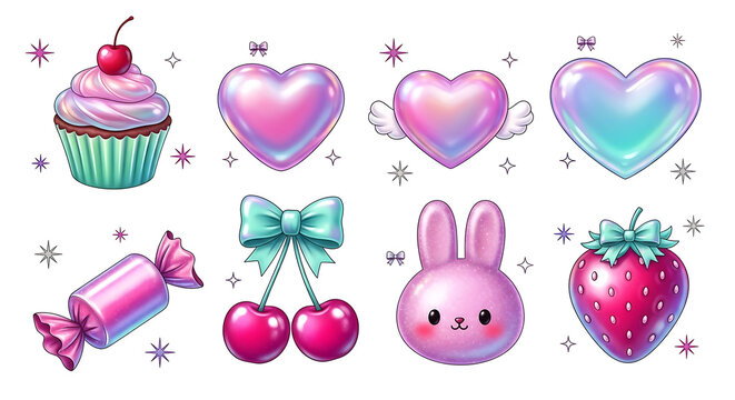 Cute kawaii pastel sticker set with hearts cupcake candy cherries bunny and strawberry for girly design projects and sweet themed decorations isolated on white background for creative branding