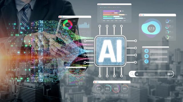 Businessman Interacting with Artificial Intelligence Technology in Modern Office Environment with Data Visualization and Digital Displays Sigmoid