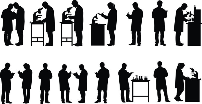 Scientist and researcher silhouette set with lab technicians working with microscopes isolated on white background for medical science and laboratory vector illustration