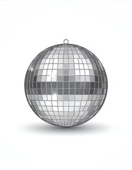 Mirrored disco ball with small metal hoop for hanging, casting faint shadow on white
