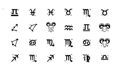Cute zodiac and horoscope constellation icons vector illustration line art set isolated on white © HoriProshad
