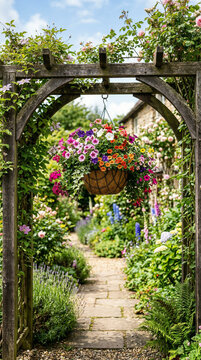 Beautiful garden pathway with hanging flower basket in summer  