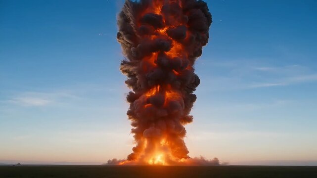 Massive nuclear bomb explosion with dark mushroom cloud rising into a clear blue sky over a flat landscape