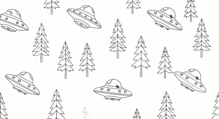 Fototapeta premium ufo and flying saucer seamless pattern with charming pine trees in a whimsical forest ideal for kids alien-themed backgrounds.