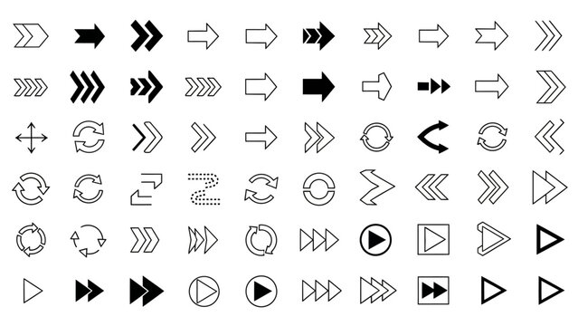 a versatile collection of arrow icons and play buttons demonstrating direction navigation and user interface symbols for graphic design.