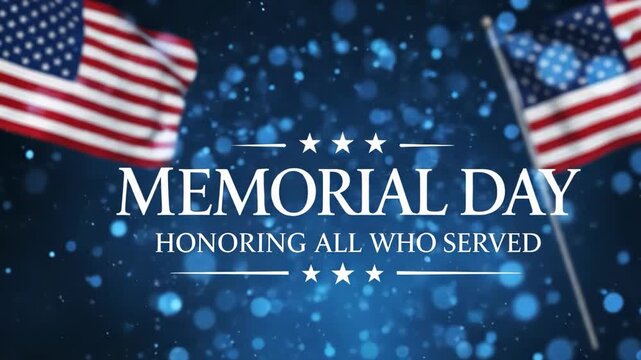 Memorial day graphic with american flags and stars on blue background