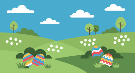 Fototapeta premium easter egg hunt flat design spring landscape with colorful eggs hidden in green hills perfect for holiday celebration backgrounds