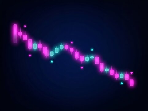 A digital illustration of a glowing candlestick chart in pink and teal with a dark background, symbolizing market trends.