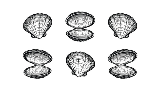 Vintage Scallop Seashells Engraving Set. Hand-drawn marine shells, open and closed, isolated on white background.