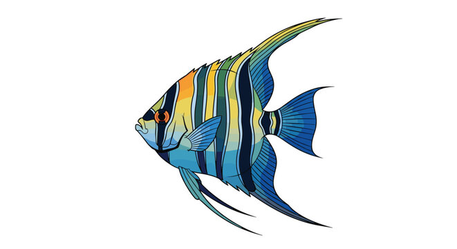 Detailed and colorful angelfish illustration with yellow, blue, and black stripes on a plain white background for marine art.