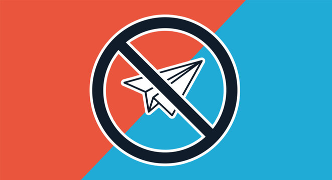 Prohibited paper plane icon inside a black circle on a diagonal red and blue background indicating no messages or communications.