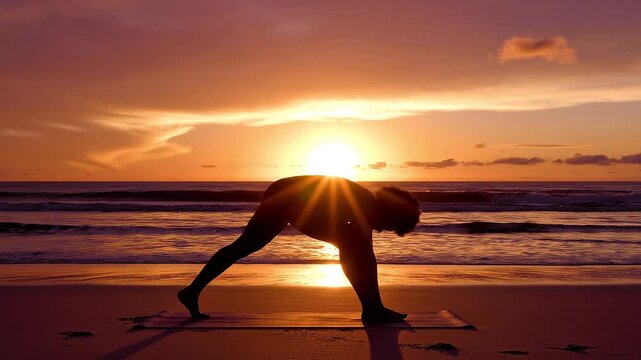 Woman silhoutte practicing yoga on beach at sunset surya namaskar
