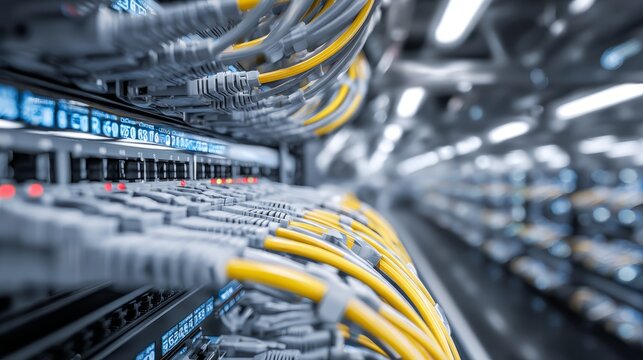 Network switch with connected ethernet cables in modern data center environment, high speed internet networking equipment showing structured cabling system, server room technology concept for cloud co