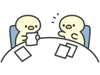 会議で話し合うひよこたちの手描きイラスト　 © Nitomaru
