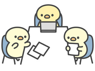 ノートパソコンで会議するひよこ3人の手描きイラスト 打ち合わせ・相談・ビジネスミーティング・チームワーク © Nitomaru