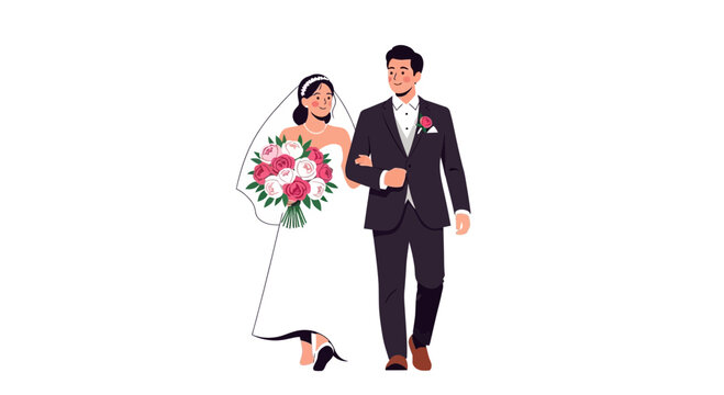 Happy Bride and Groom Walking Arm in Arm.