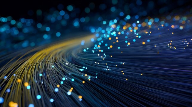High speed fiber optic communication network cables connecting modern data infrastructure with glowing light transmission in advanced telecommunication system, close up view of optical fibers enabling