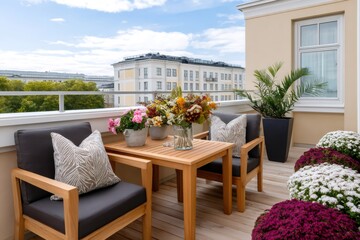 Naklejka premium Balcony terrace with outdoor furniture and vibrant flowers