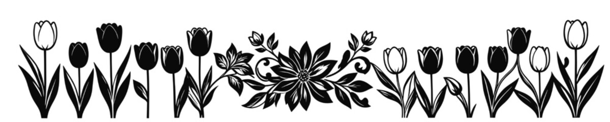 Fototapeta premium Black and white tulip floral border with mixed silhouettes and central ornamental flower scroll design forming a balanced decorative horizontal divider