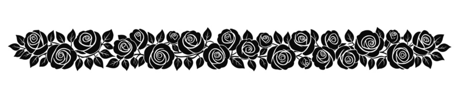 Black rose floral border with seamless repeating pattern of flowers and leaves forming a continuous decorative horizontal edge ideal for wedding designs packaging textiles and elegant layouts