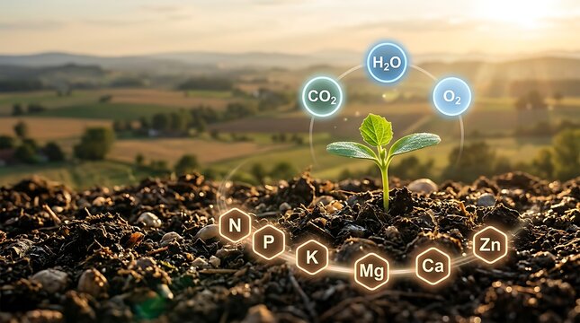 Young Plant Growing in Soil with Elements and Molecules Illustration Symbolizing Sustainable Agriculture and Environmental Impact