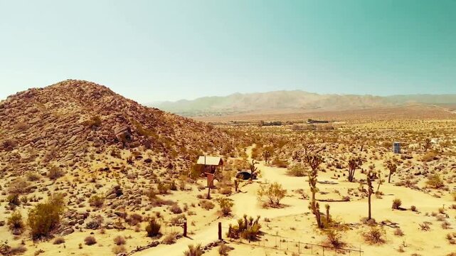 A stunning desert landscape captured in the arid regions of California, United States. The footage highlights vast sandy plains, rugged mountains, dry vegetation, and expansive open horizons under bri