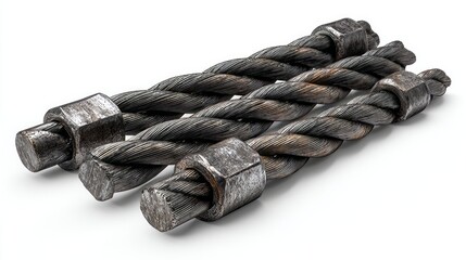 Steel wire rope coiled and isolated on white background with clipping path, detailed industrial metal hawser showing strong twisted strands texture for construction, marine, lifting, rigging, and engi