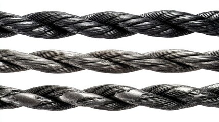 Steel wire rope coiled and isolated on white background with clipping path, detailed industrial metal hawser showing strong twisted strands texture for construction, marine, lifting, rigging, and engi