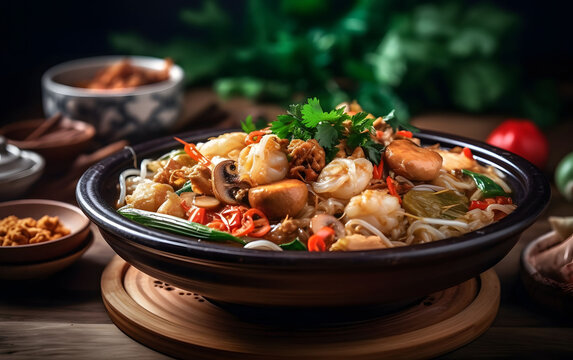 A vibrant bowl of seafood noodle soup with shrimp, mushrooms, and vegetables sits on a wooden table surrounded by ingredients.