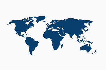Fototapeta premium A digitally rendered graphic illustrating the continents of the world in a flat, deep blue silhouette against a plain white background