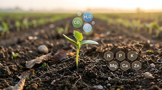 Young plant growing in soil with nutrient and gas icons symbolizing plant health and growth in an agricultural or environmental setting