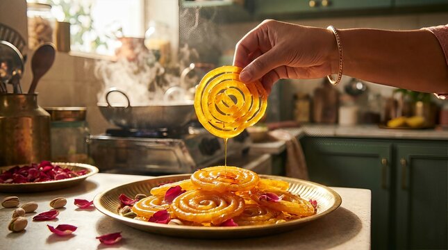 A close-up shot of a hand placing a freshly made, syrup-drenched Jalebi onto a plate, with more Jalebis already piled up.