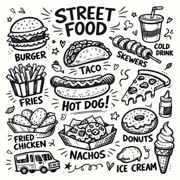 Fun hand-drawn illustration with various street food items and playful doodle elements