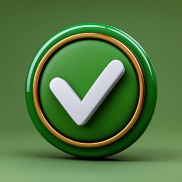 A green circle with a gold border and a white check mark inside it