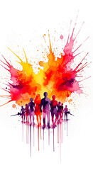 Fototapeta premium Watercolor illustration of silhouette of group of people in front of colorful explosion, concept represents unity, crowd, group, and community spirit