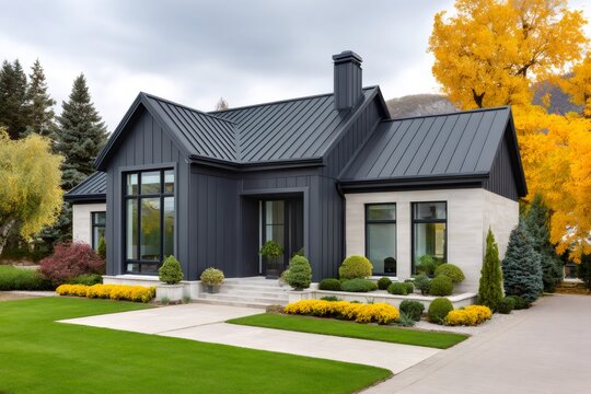 Modern black house metal roof autumn trees