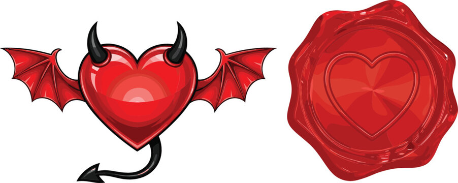 Devil Heart Icon and Wax Seal Stamp with Glossy Red Love Symbol Featuring Wings Horns and Tail for Dark Romantic Vector Illustration Set