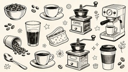 Obraz premium Illustration set of various coffee related items, beverages, and bean elements on cream