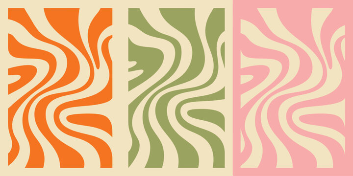 Three vibrant abstract psychedelic wave patterns in orange green and pink