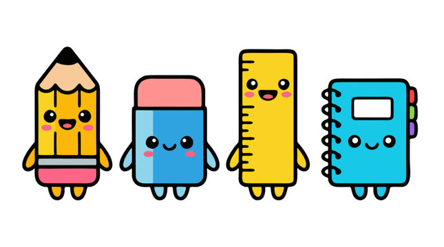 Set of four cute colored chibi school supply friend monsters