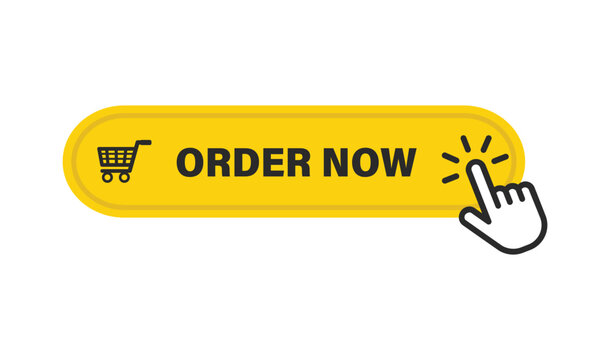 Order now yellow web button with cart graphic and click icon for food delivery and product sales