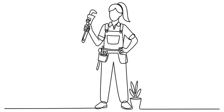 A single continuous line drawing of a female plumber holding a large metal pipe wrench in her hand