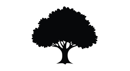 A stark black silhouette of a full leafy tree stands prominently against a plain white background high quality professional detailed modern © Bsicon02