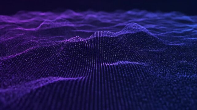 A futuristic digital landscape of undulating blue and purple particle waves, creating a rhythmic and mesmerizing data-driven terrain that flows continuously across the screen.