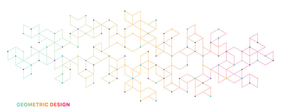 Abstract geometric 3D cube structure with connected lines and dots on white background. Concept of digital technology, blockchain, data visualization, architecture, innovation and modern design