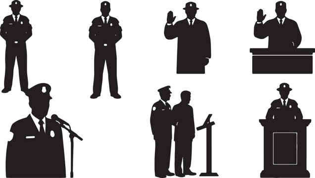 Black Solid Courtroom Bailiff Officer Silhouettes Set of Six on White Background